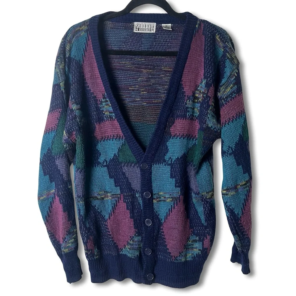City‎ Streets - Women’s Vintage 90s Geometric Knit Cardigan Navy – Sz M